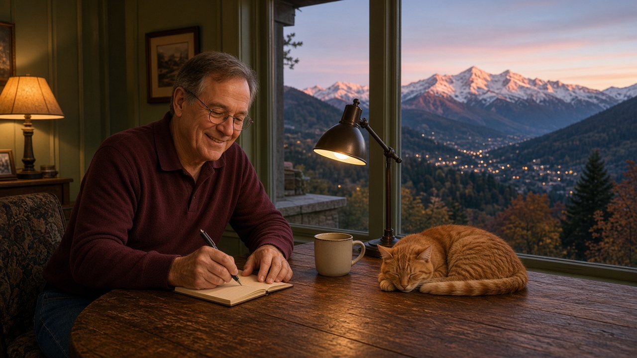 Agent Art Lampwright at the big table up at C Crane, writing down the small things while the lights come on in Tranquility Pines.
