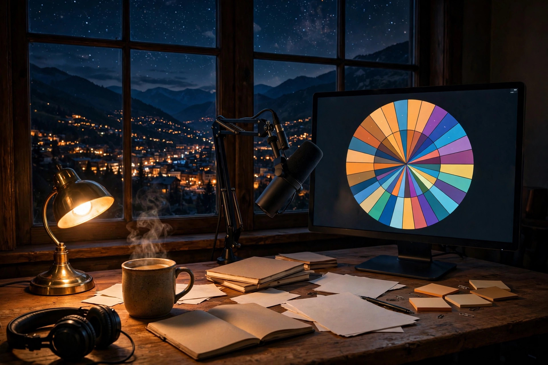 Alex Mackey's late-night studio corner — the wheel on the screen, the mic warm, coffee steaming, Tranquility Pines glowing below
