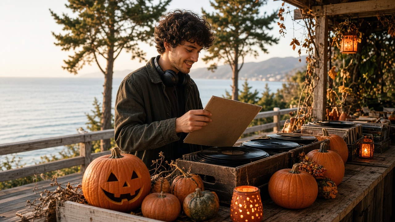Buzz Cartwright digging for secondhand records at the pumpkin-lit market stand by Saint Anthony's Beach.