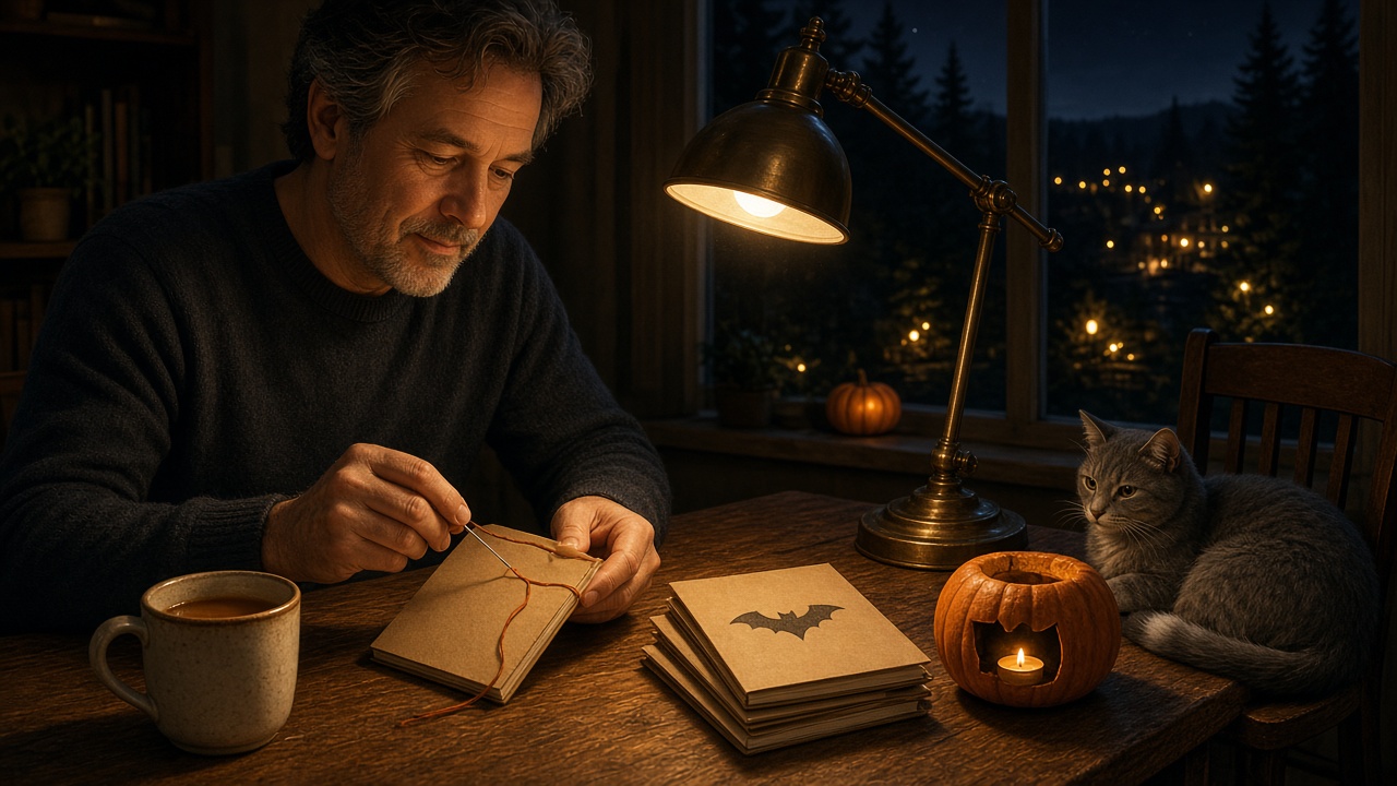 Cole Penrose at the desk lamp, stitching tiny notebooks for trick-or-treaters while Margin keeps the second chair warm.