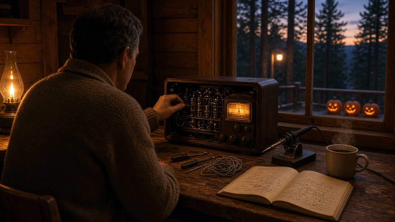 George Ashby at his workbench in the cedar house, coaxing an old walnut radio back to life. She works, she just needs patience