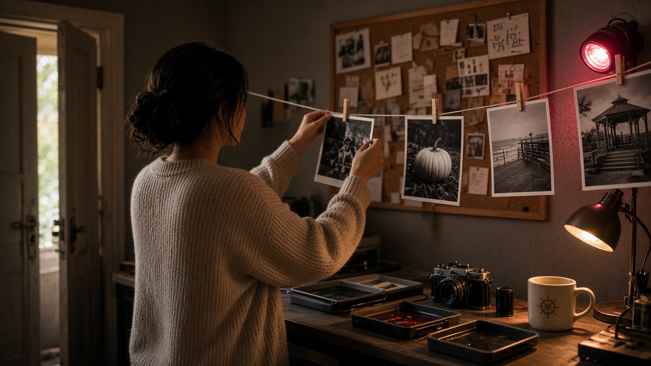 Glow Amberly in her darkroom, hanging this week's prints from around Tranquility Pines, with her morning mug from Dad nearby.