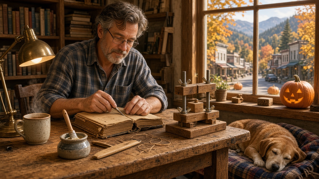 Holt Hopewell mending a tired library book at the bench on a fall morning in Tranquility Pines, while Barley keeps the blanket wa