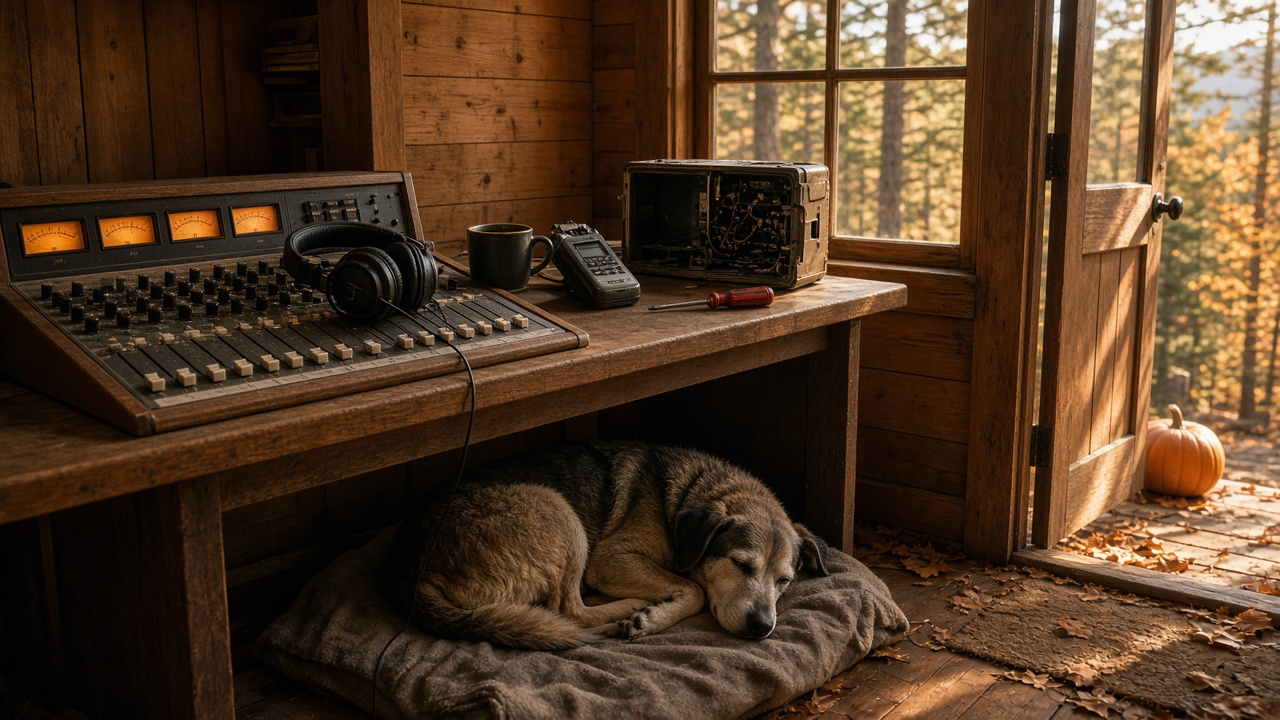 Afternoon at the Soft Board studio. The door's propped open, the old radio is half fixed, and Reel's asleep under the co