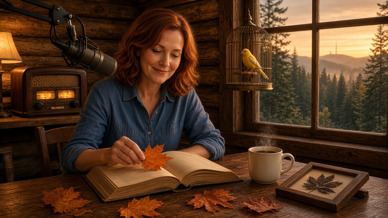 Jeanette Howard pressing autumn leaves in the WRTP booth at dusk, while Pip the canary keeps watch.