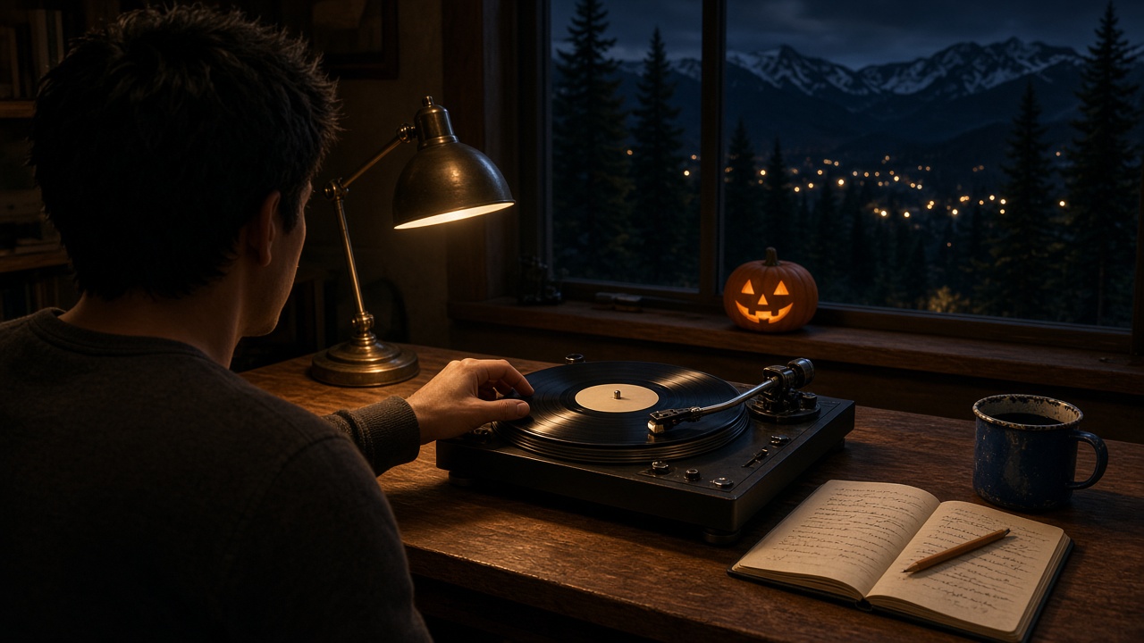 Lane Penrose at the Midnight Desk, setting down the first record on a secondhand turntable while Tranquility Pines glows below.