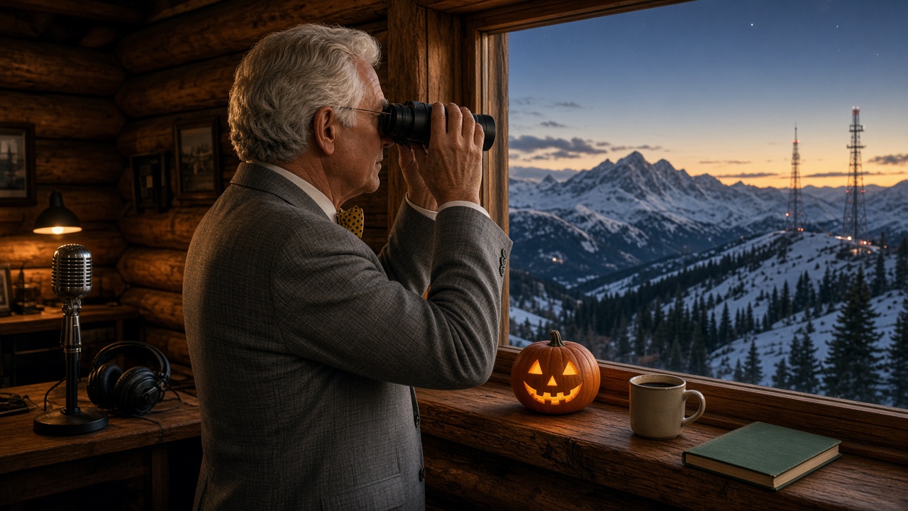 Mitch Bean at the 1140 WRTP window, binoculars up, waiting on the first star over the Cascades.