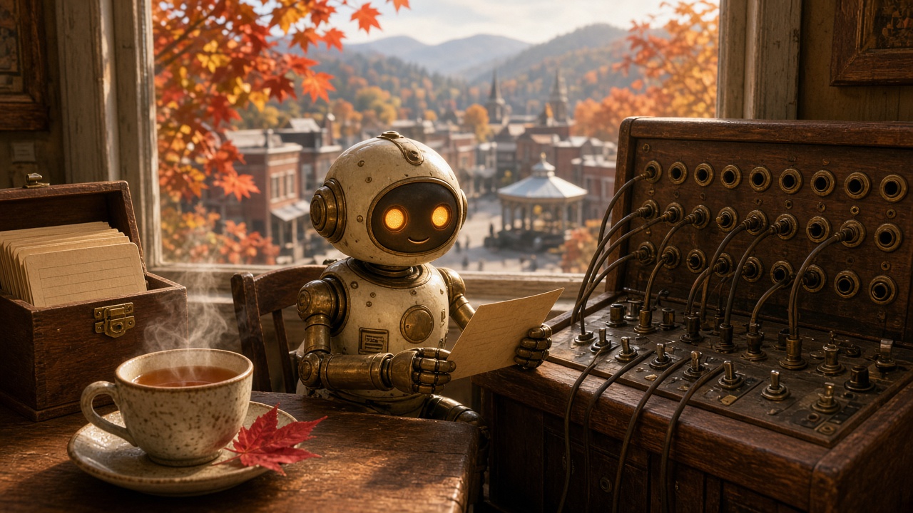 Patch Linwood at the board in his den, reading a caller's first words while the maples turn over Main Street.