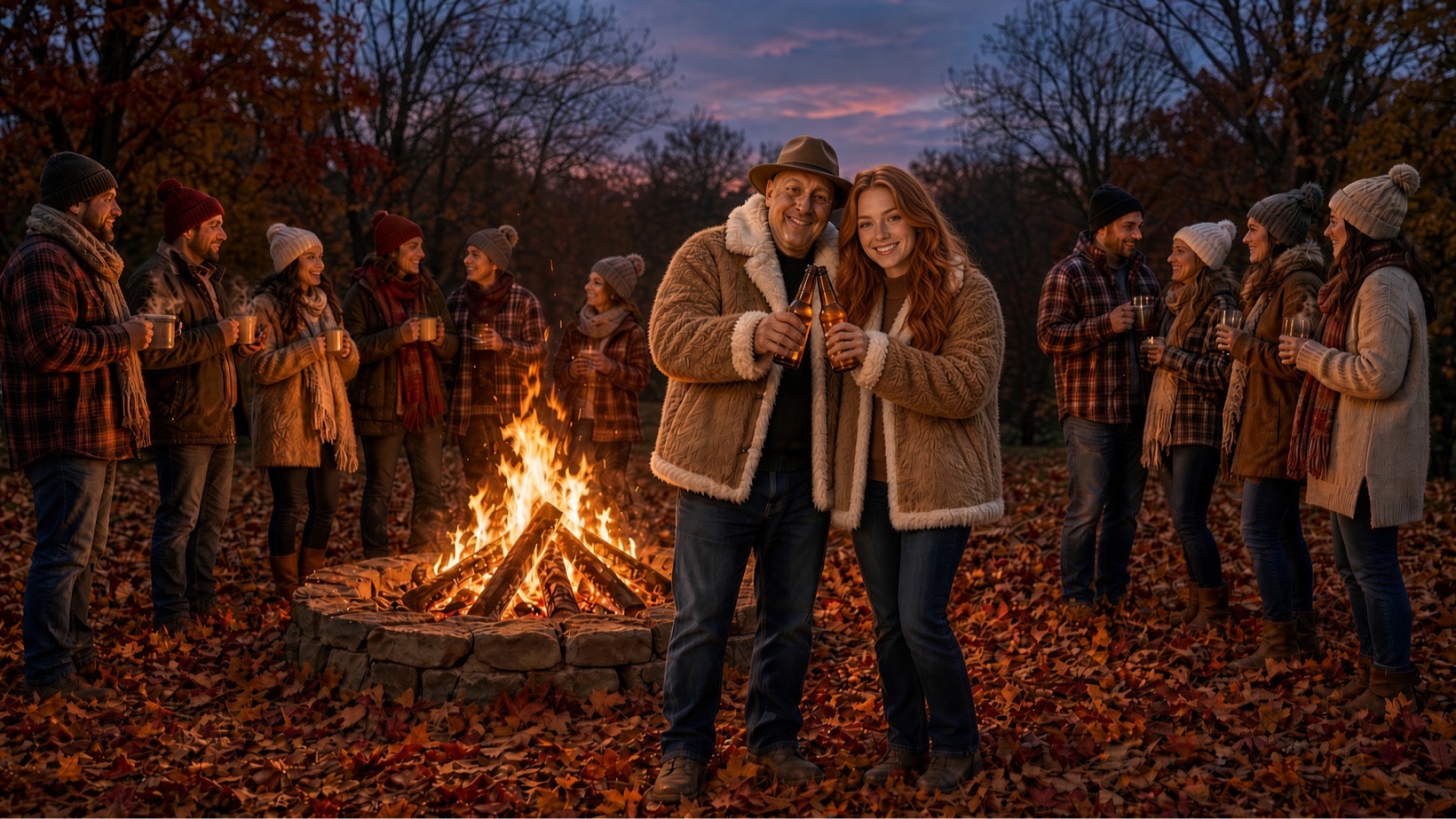Ryan and Erika raise a bottle to the first bonfire of November, the whole family circled around the stone...