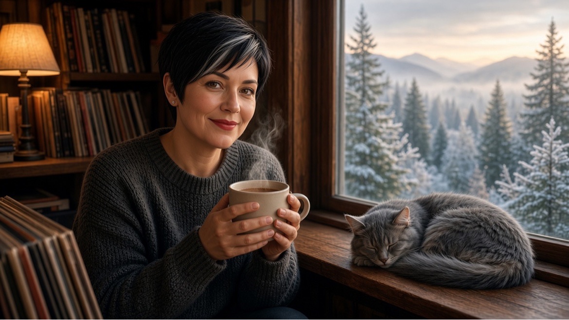 Early frost on the pines and a quiet shelf before Cos at the Shelf. Juniper claimed the windowsill, I...