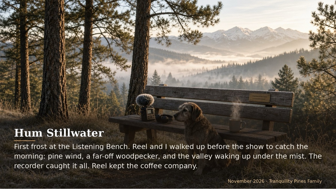 First frost at the Listening Bench. Reel and I walked up before the show to catch the morning: pine wind,...