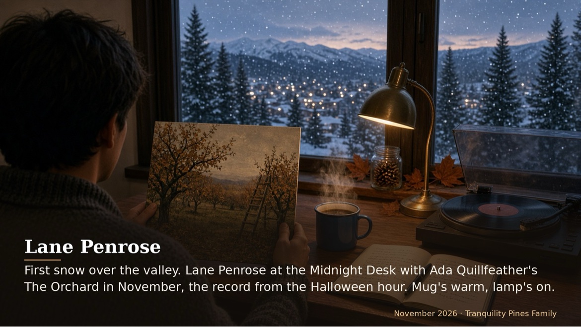 First snow over the valley. Lane Penrose at the Midnight Desk with Ada Quillfeather's The Orchard in...
