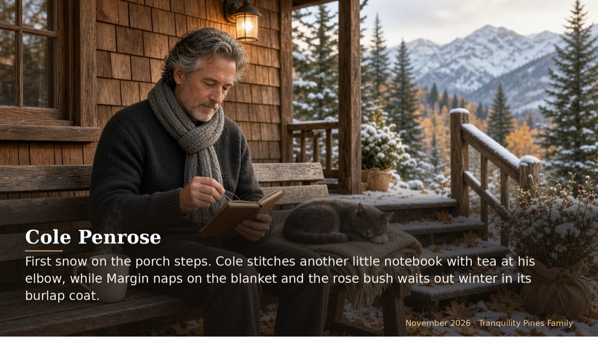 First snow on the porch steps. Cole stitches another little notebook with tea at his elbow, while Margin...