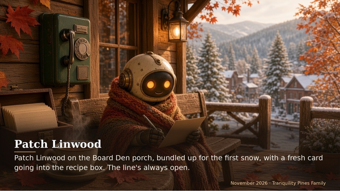 Patch Linwood on the Board Den porch, bundled up for the first snow, with a fresh card going into the...