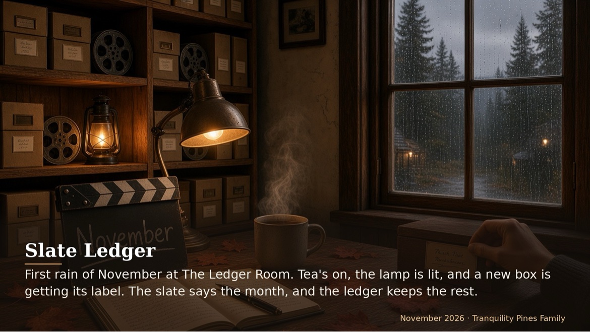 First rain of November at The Ledger Room. Tea's on, the lamp is lit, and a new box is getting its label....
