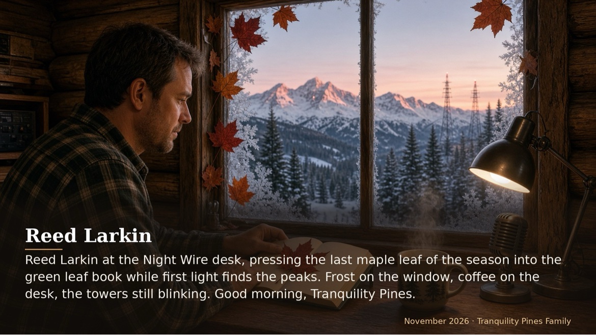 Reed Larkin at the Night Wire desk, pressing the last maple leaf of the season into the green leaf book...