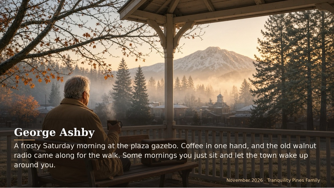 A frosty Saturday morning at the plaza gazebo. Coffee in one hand, and the old walnut radio came along for...
