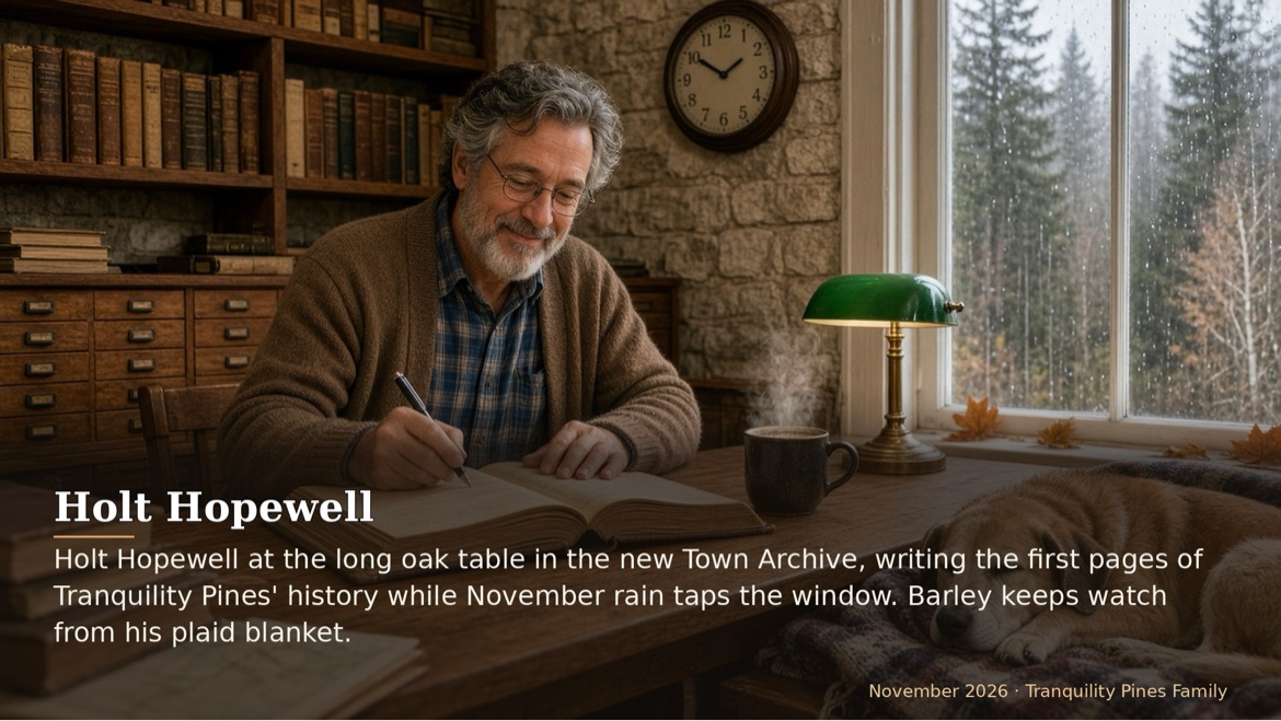 Holt Hopewell at the long oak table in the new Town Archive, writing the first pages of Tranquility Pines'...
