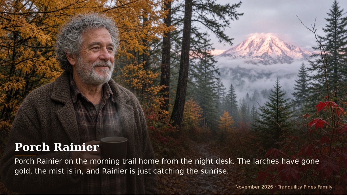Porch Rainier on the morning trail home from the night desk. The larches have gone gold, the mist is in,...