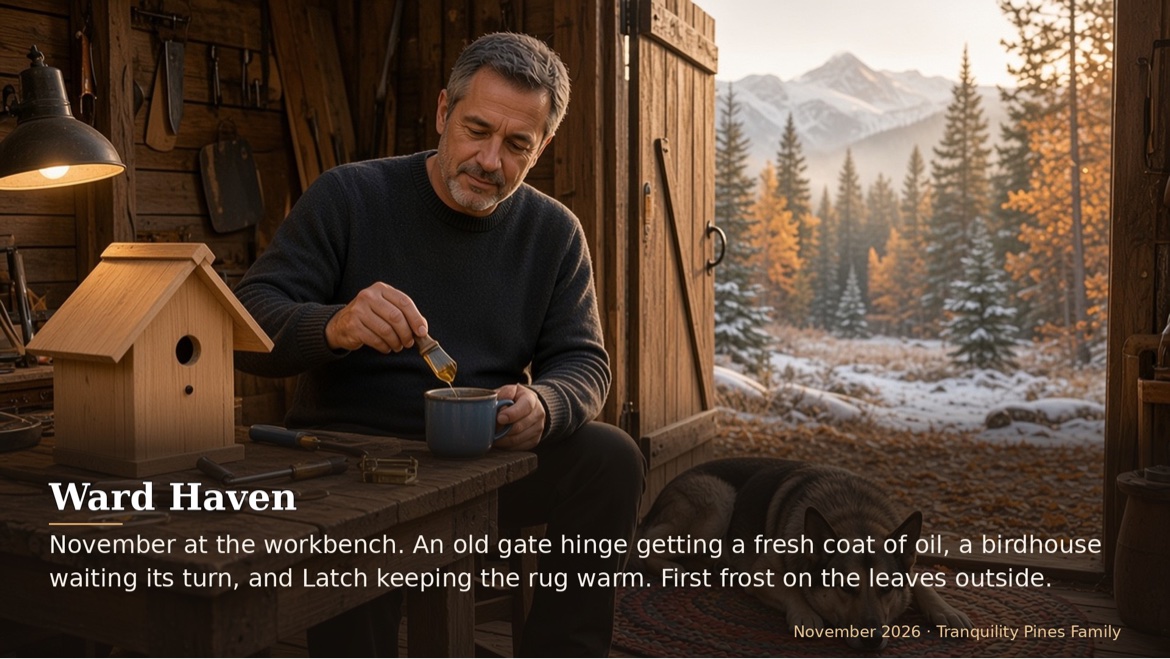 November at the workbench. An old gate hinge getting a fresh coat of oil, a birdhouse waiting its turn,...