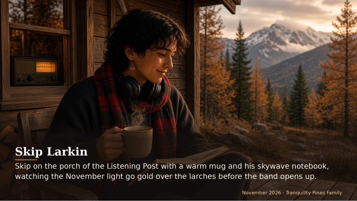 Skip on the porch of the Listening Post with a warm mug and his skywave notebook, watching the November...