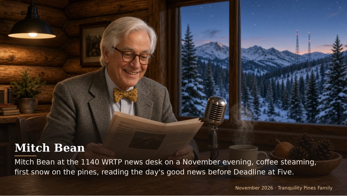 Mitch Bean at the 1140 WRTP news desk on a November evening, coffee steaming, first snow on the pines,...