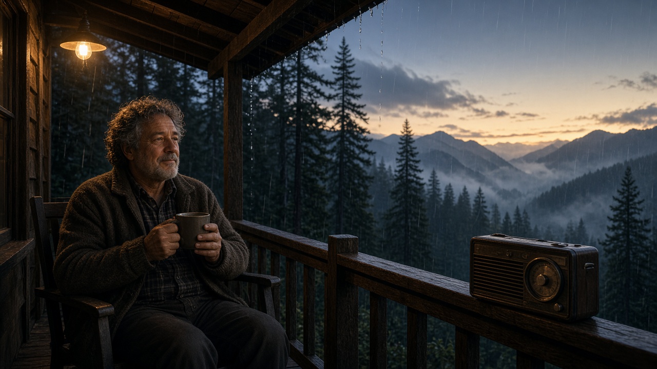 Porch Rainier on the night-desk porch just before 5am, with coffee, rain, the light still on and the old radio keeping me compan