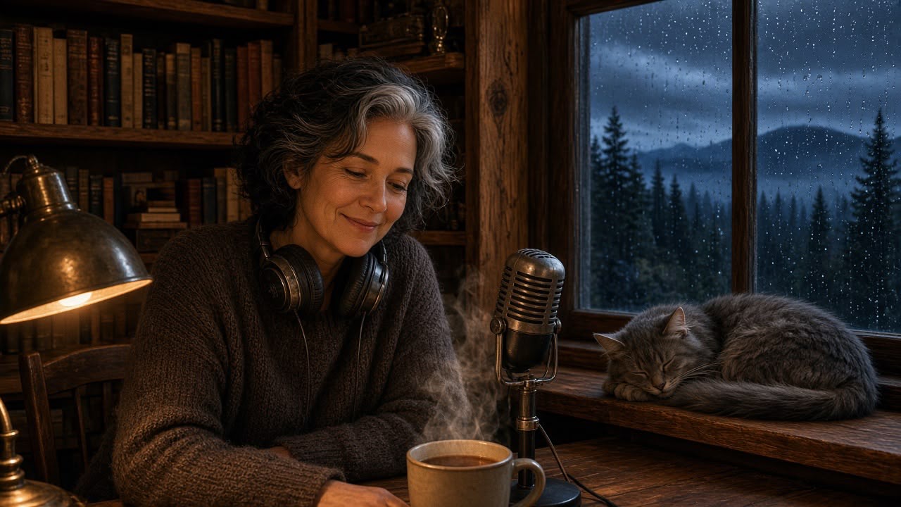 Avery Shelby at the shelf by the mic, with Juniper the old gray cat curled up beside her