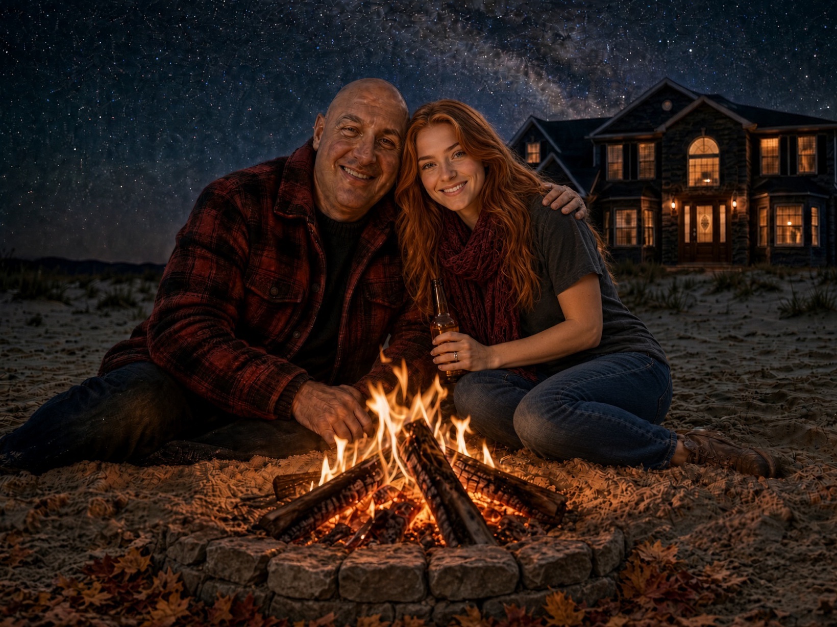 Ryan and Erika Mackey by a beach fire at night, their home glowing behind them