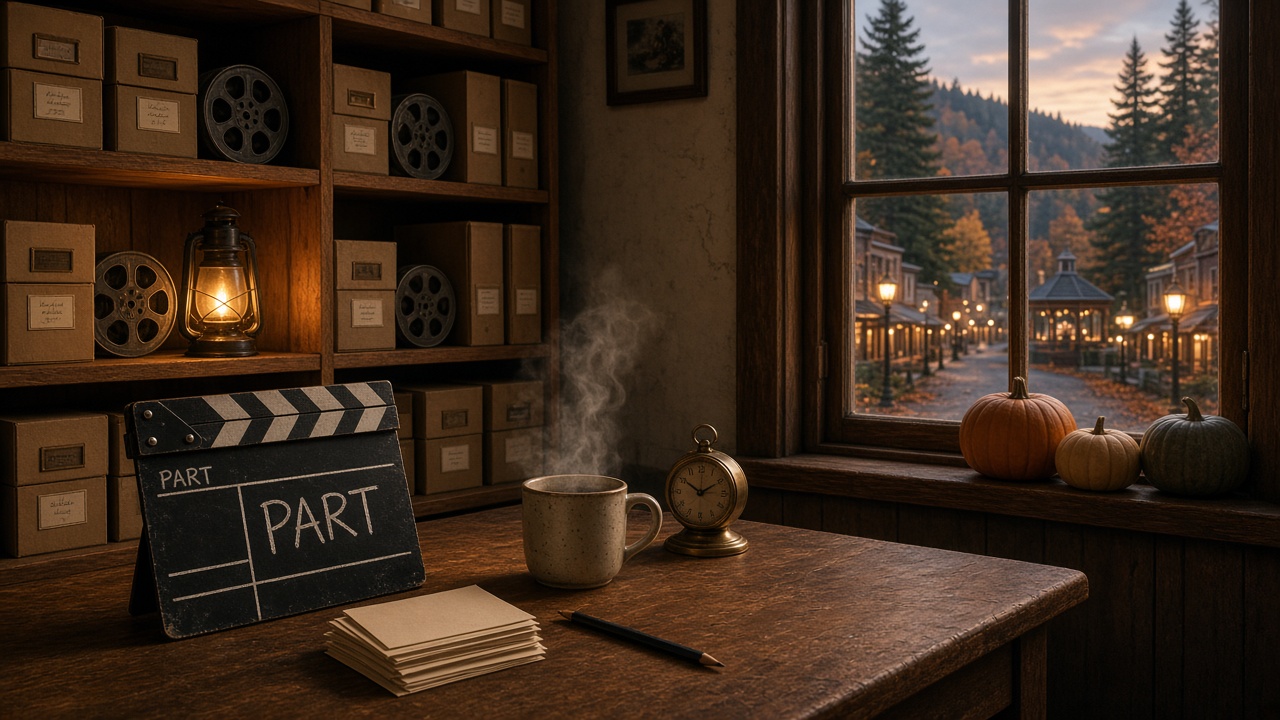 Slate Ledger's shelf room at dusk. The PART slate is chalked, the tea is warm, and Main Street is lighting up for October.
