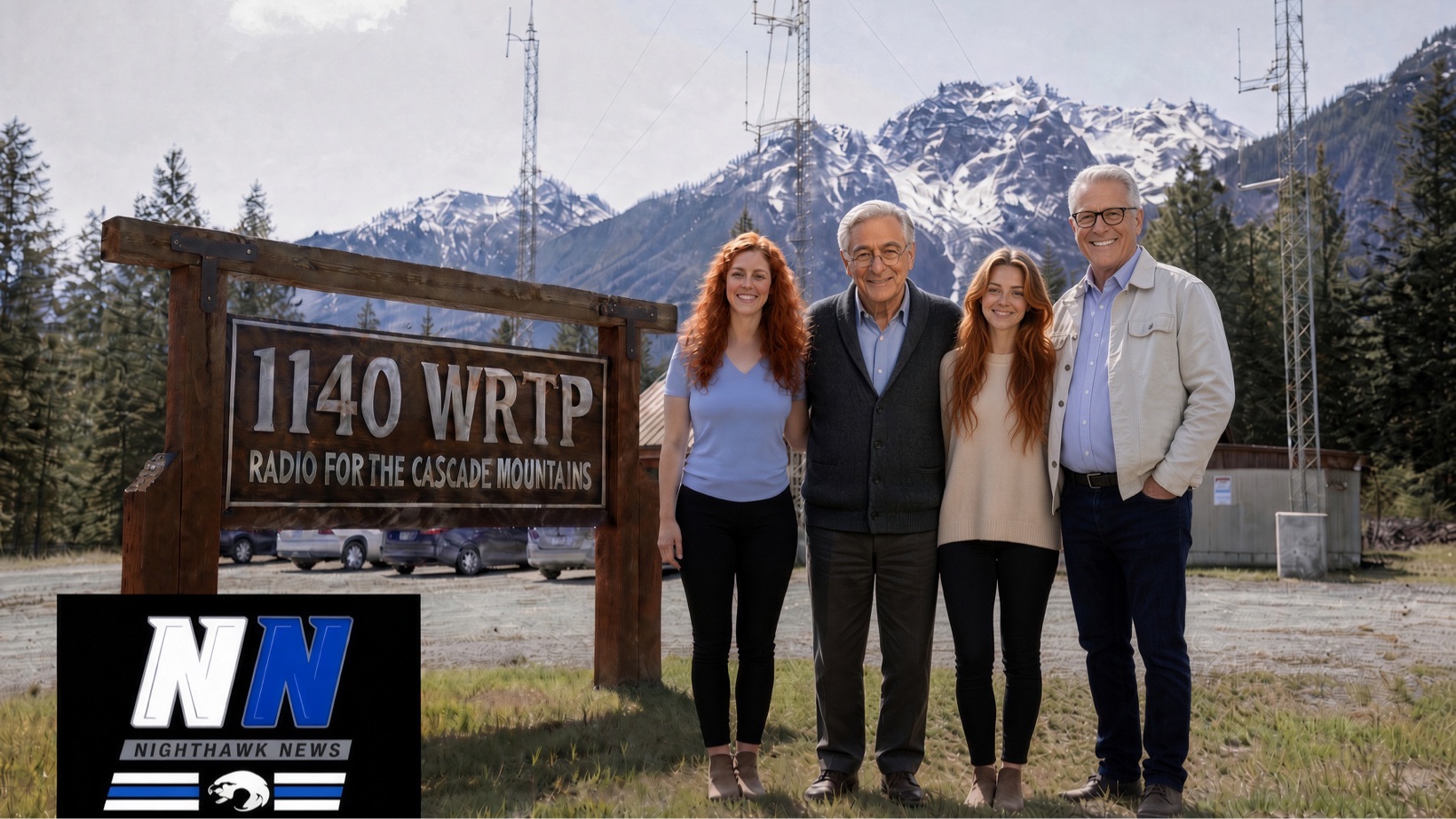 Nighthawk News team at the 1140 WRTP sign