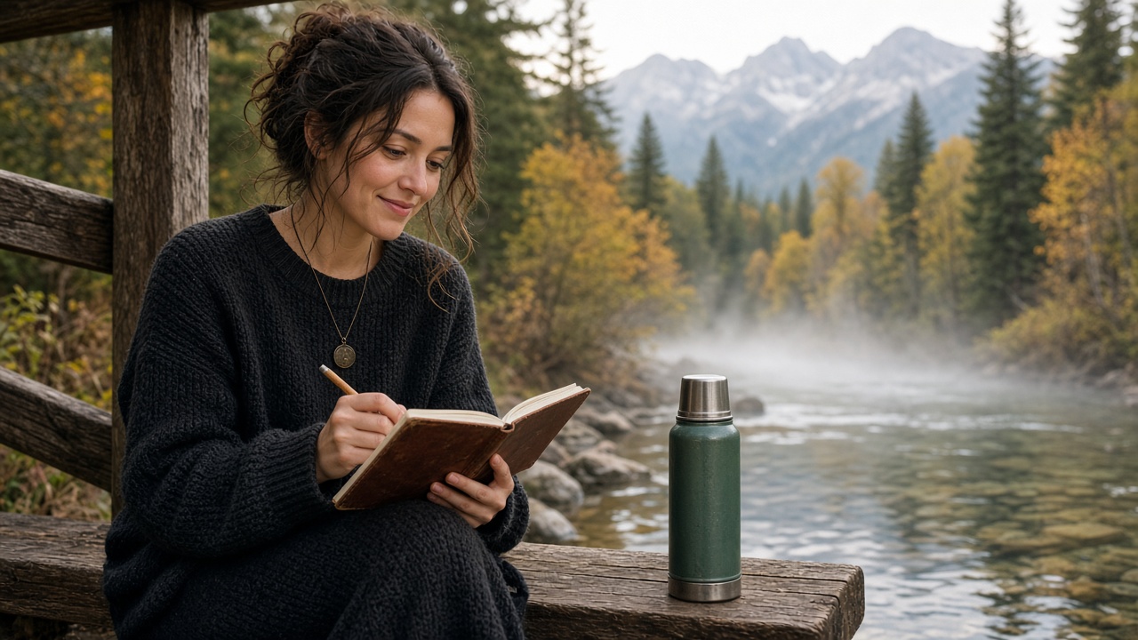 Vesper Mackey with her field notebook and green thermos on the Kettle Bridge, early morning mist on Mill Creek.